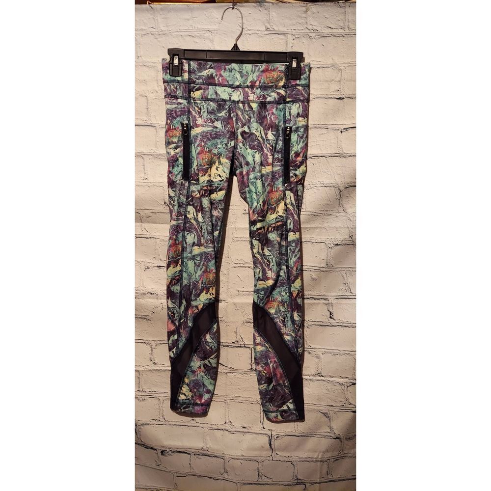 Lululemon Womens Size 4 Small Leggings Green Yellow Floral Zip Pockets Mesh